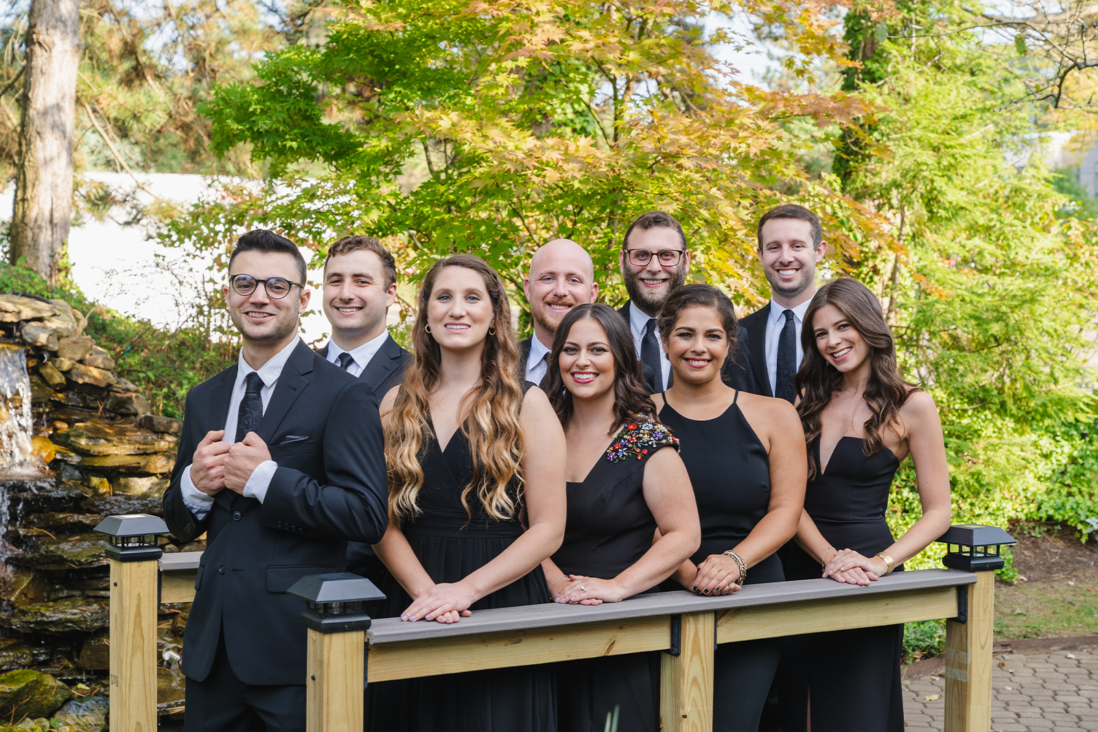 Bridesmaids and groomsmen, bridal party portrait, bridge, nature, green, trees, classy wedding ceremony at Landerhaven, Mayfield Heights OH