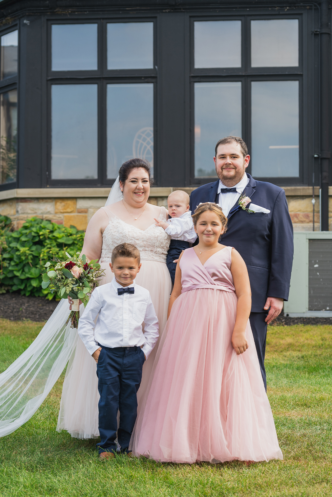 Bride and groom with ring bearer and flower girl, bridal party portrait, cute, sweet, wedding portrait, outdoor September wedding ceremony at Punderson Manor Lodge & Conference Center, Newbury Township OH