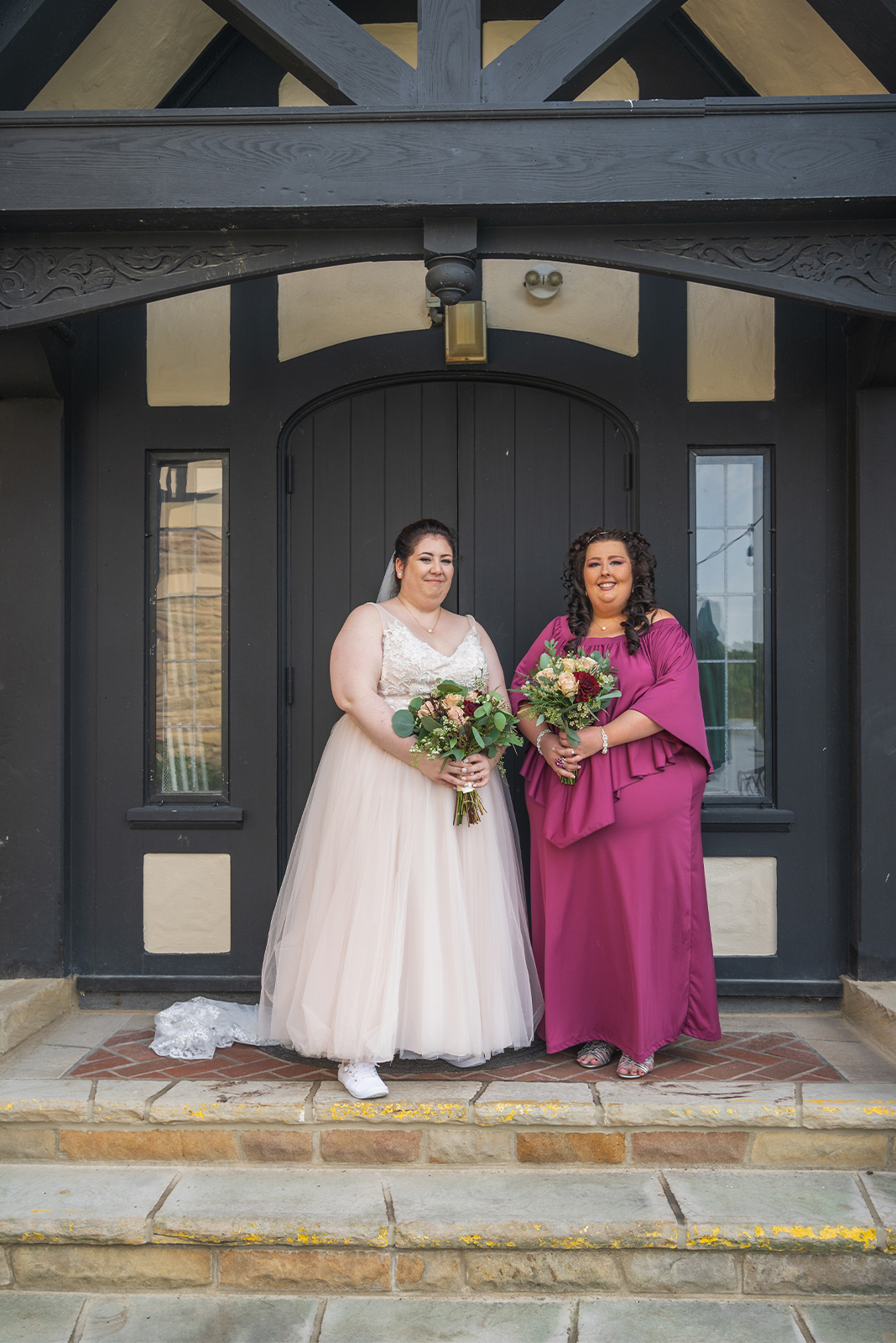 Bride and bridesmaid, bridal party portrait, outdoor September wedding ceremony at Punderson Manor Lodge & Conference Center, Newbury Township OH