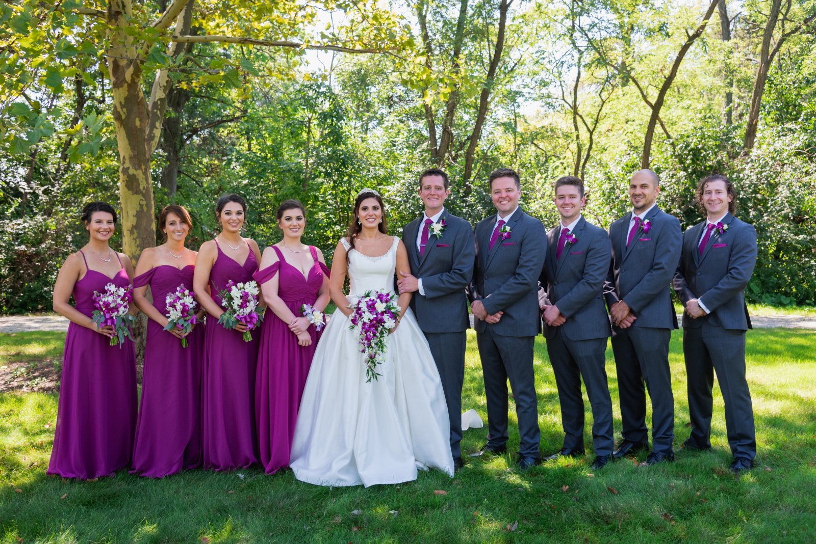 Bride and groom with bridal party, bridal party portrait, green, trees, nature, sweet wedding ceremony at Crocker Park, Westlake OH