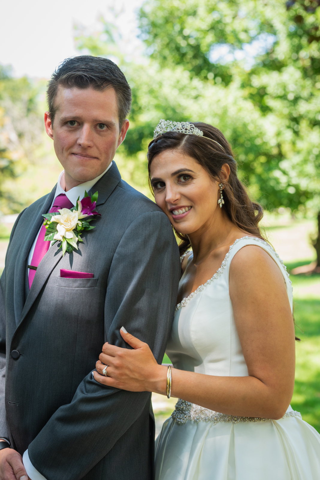 Bride and groom wedding portrait, couple portrait, green, nature, trees, sweet wedding ceremony at Crocker Park, Westlake OH