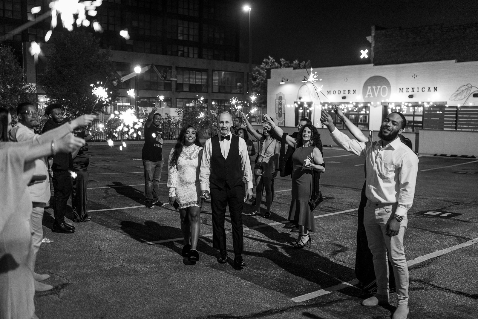 Bride and groom sparkler send-off, cute, sweet, unique wedding photo, African American wedding, Ohio City, Cleveland Flats, urban wedding ceremony at Penthouse Events