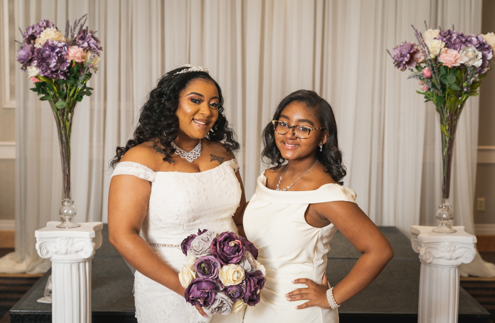 Bride with young girl, family portrait, African American bride, African American wedding, romantic wedding ceremony at Hilton Akron/Fairlawn