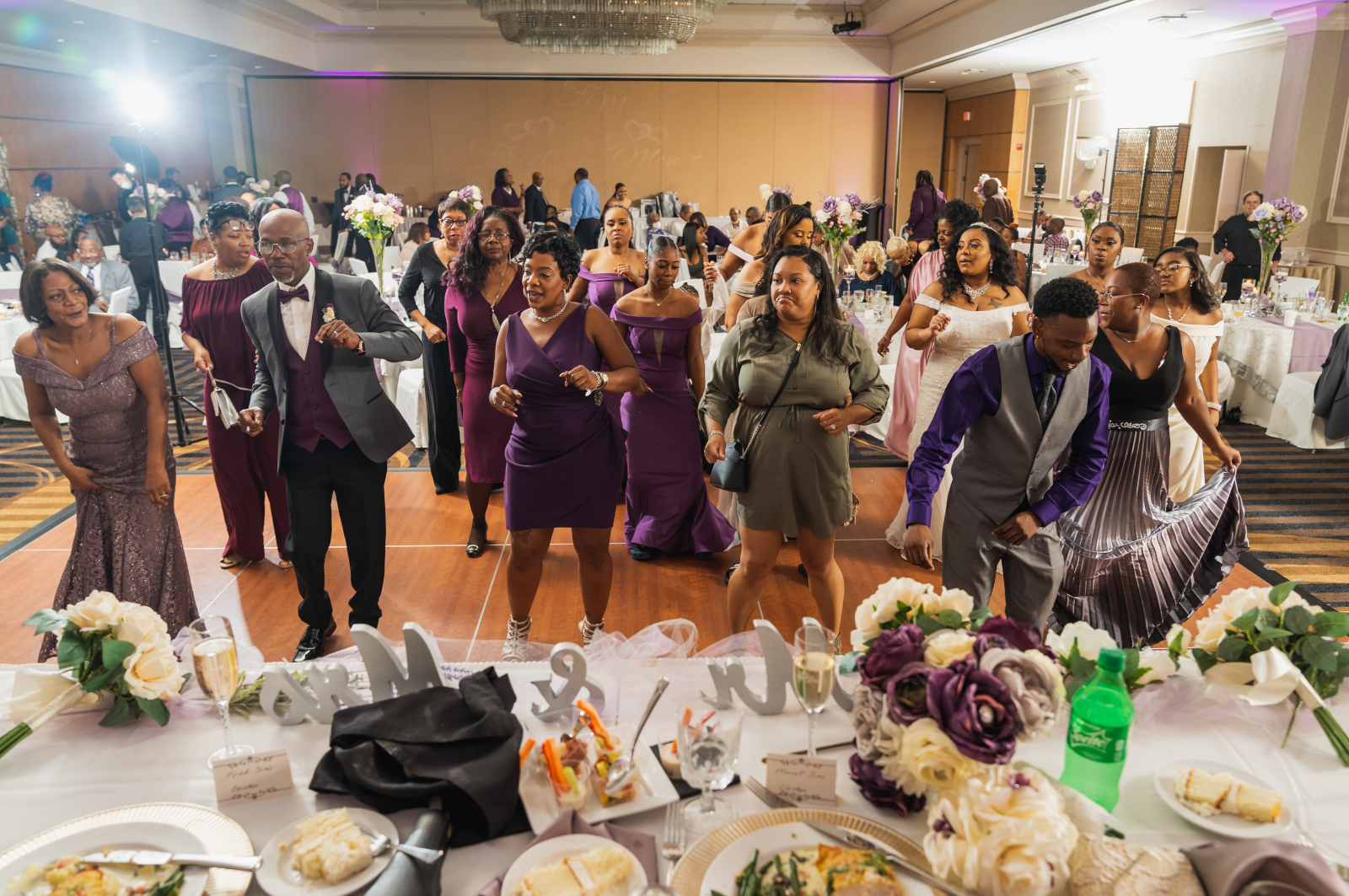 Bride dancing, line dance, fun, music, wedding DJ, African American bride, African American wedding, romantic wedding reception at Hilton Akron/Fairlawn