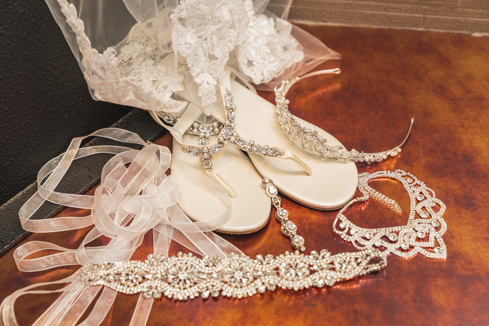 Wedding attire, wedding accessories, wedding shoes, wedding jewelry, tiara, necklace, bracelet, lace, silver and white, gorgeous, African American wedding, romantic wedding ceremony at Hilton Akron/Fairlawn