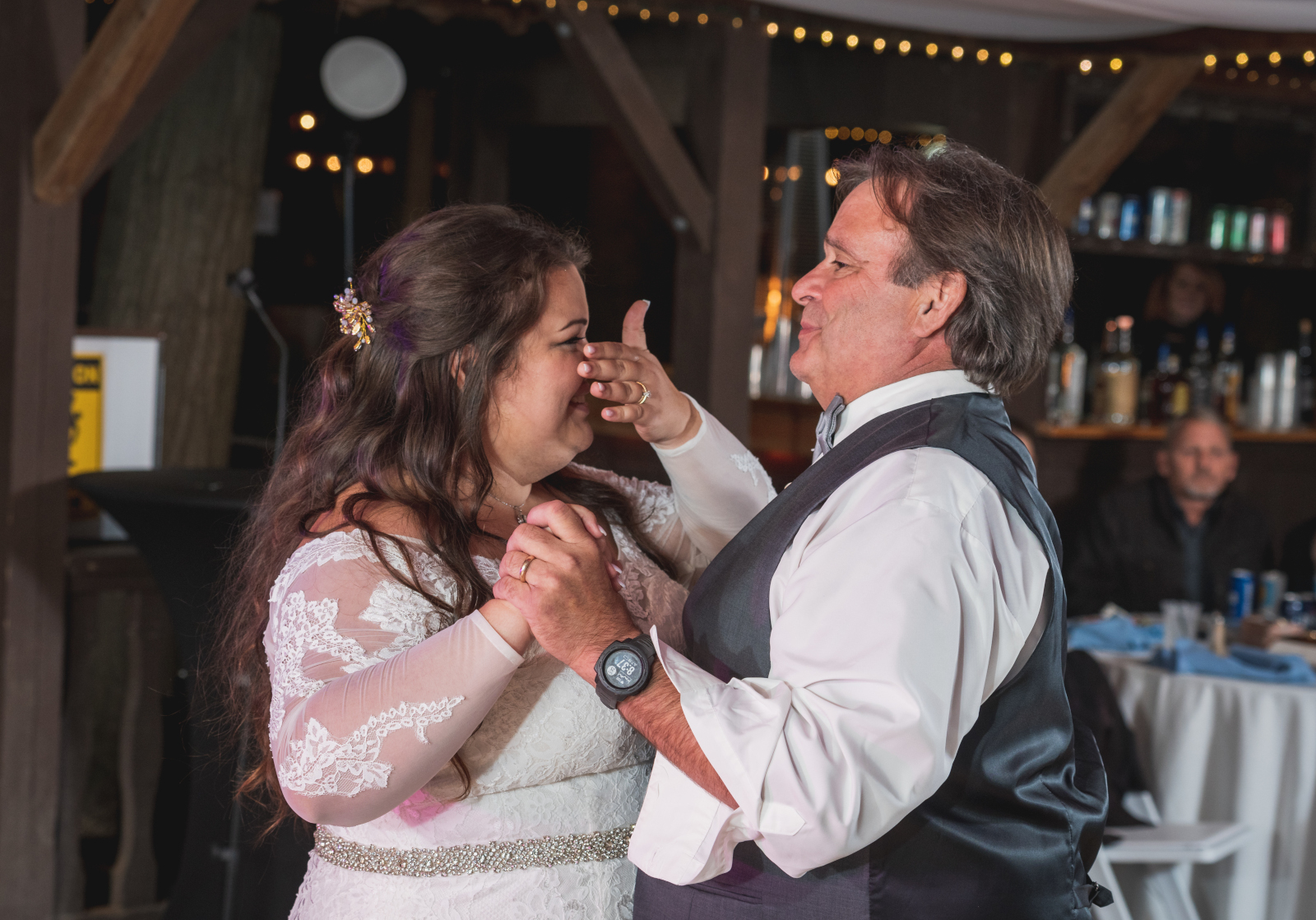 Bride and dad, father of the bride, father daughter dance, wedding formal dance, laughing, September wedding reception at Westfall Event Center