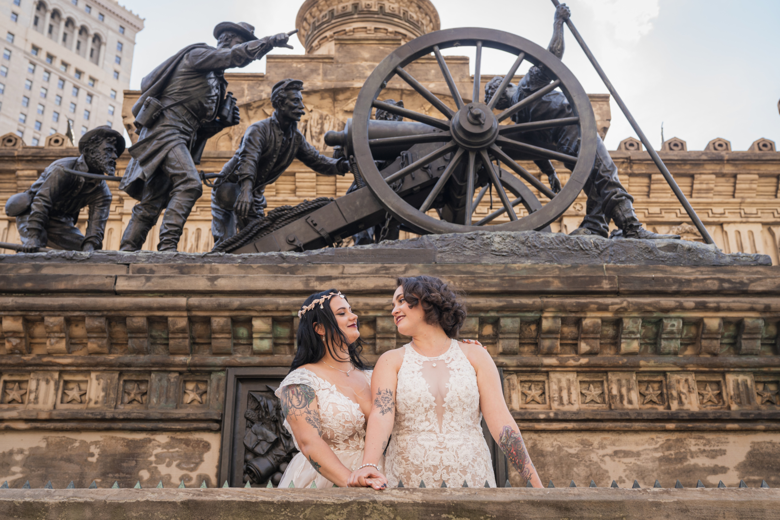 Two brides wedding portrait, couple portrait, beautiful, urban, two wedding dresses, love is love, beautiful lesbian wedding at the House of Blues, downtown Cleveland