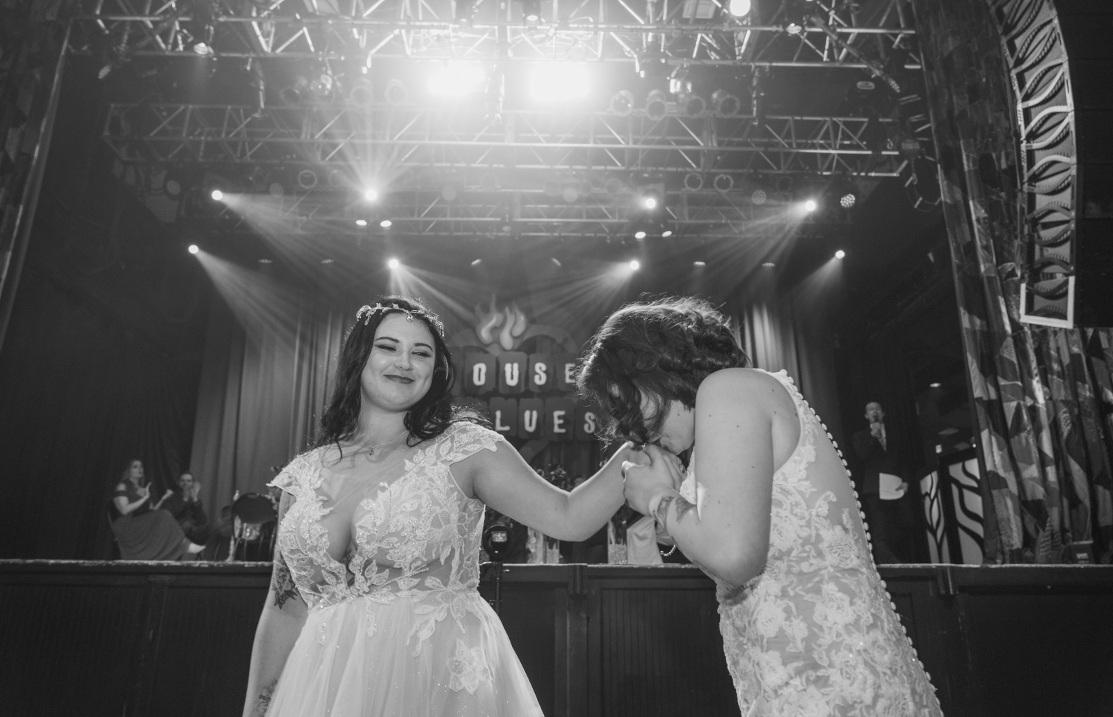 Two brides first dance, kiss, smile, black and white, beautiful, classic, two wedding dresses, love is love, beautiful lesbian wedding at the House of Blues