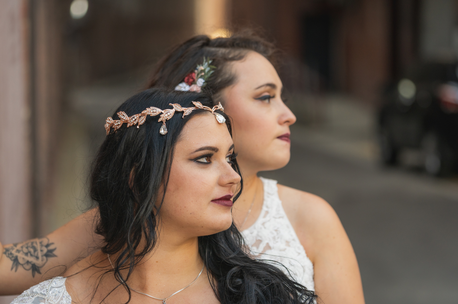 Two brides wedding portrait, beautiful, urban, dynamic, unique, dramatic, two wedding dresses, bridal crown, love is love, beautiful lesbian wedding at the House of Blues, downtown Cleveland