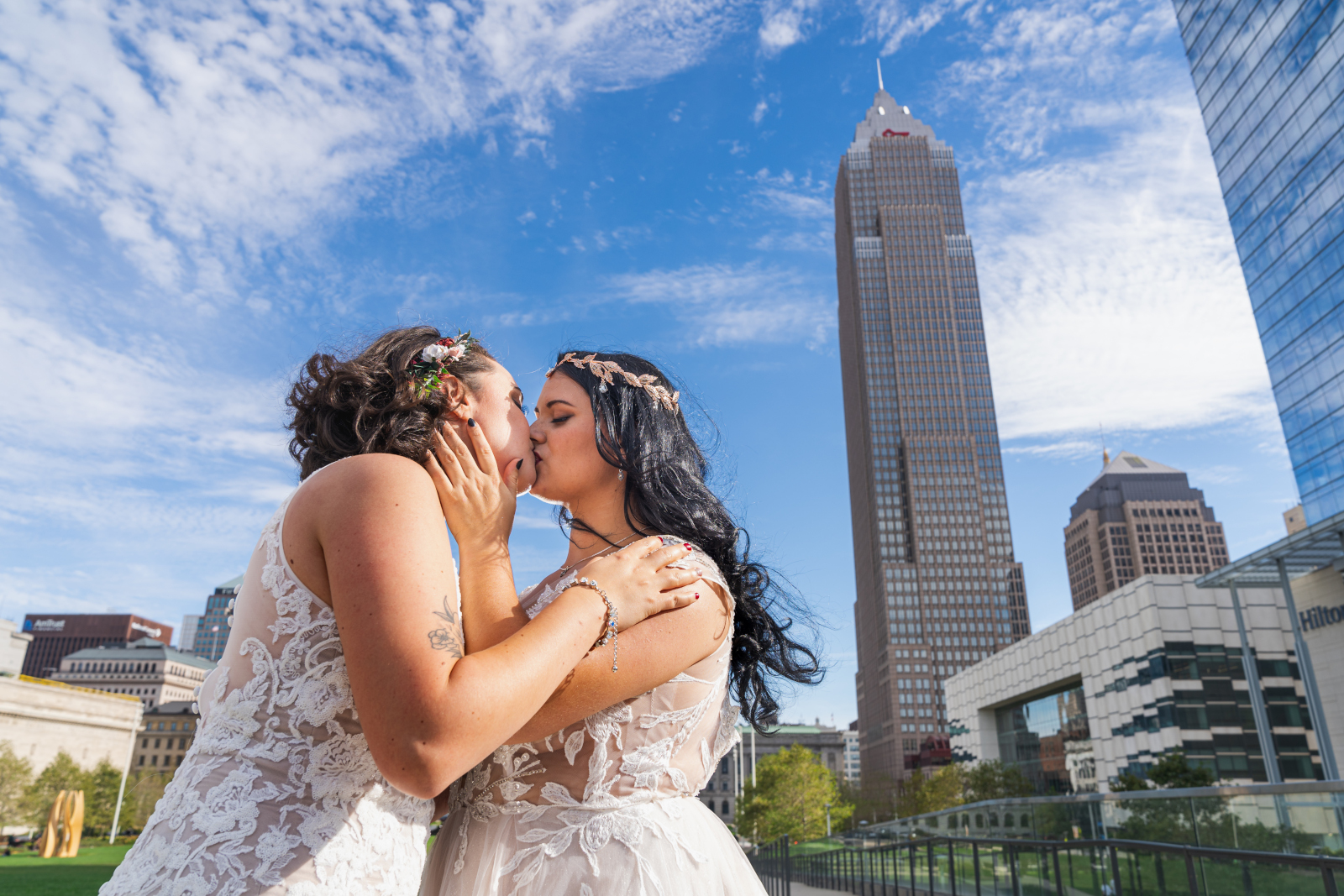 Two brides wedding portrait, kiss, beautiful, urban, two wedding dresses, love is love, beautiful lesbian wedding at the House of Blues, downtown Cleveland