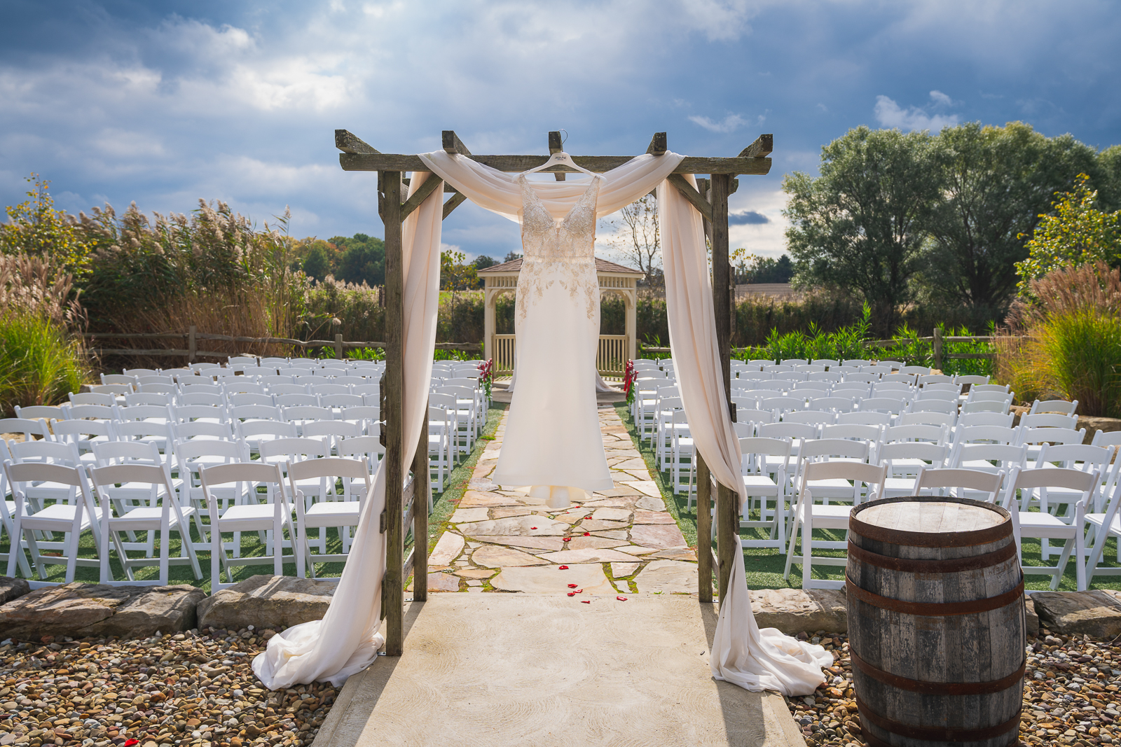 Wedding dress, wedding preparation, gazebo, fall wedding, outdoor wedding ceremony at White Birch Barn