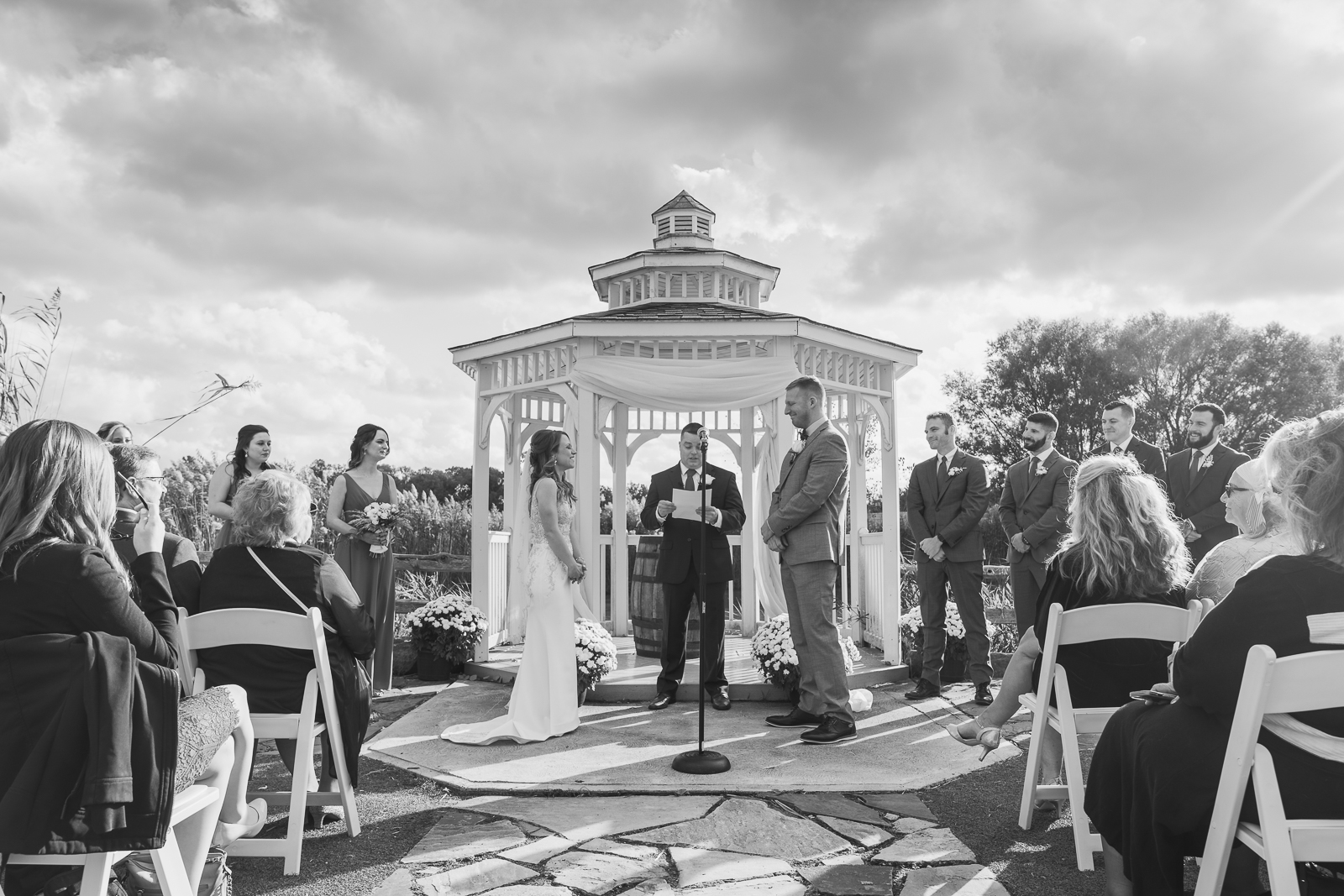 Bride and groom, bridal party, wedding ceremony, gazebo, nature, fall wedding, rustic outdoor wedding ceremony at White Birch Barn